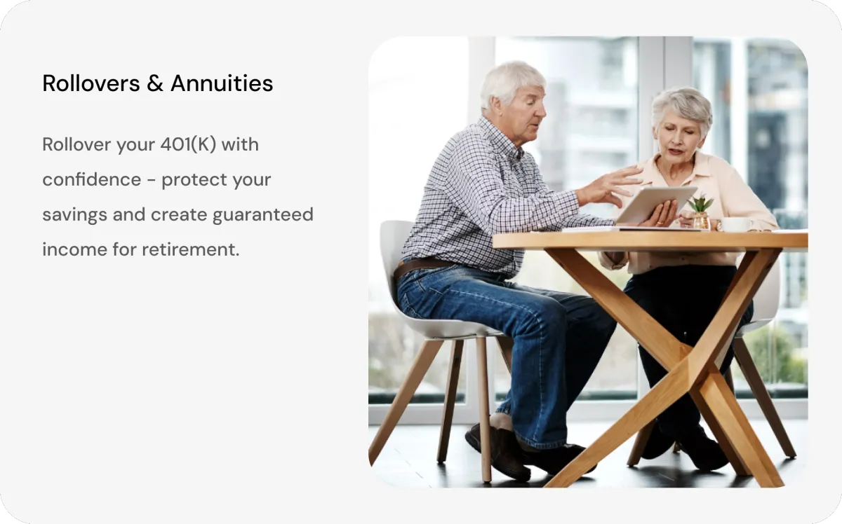 Rollovers & Annuities - Rollover your 401(k) with confidence - protect your savings and create guaranteed income for retirement.